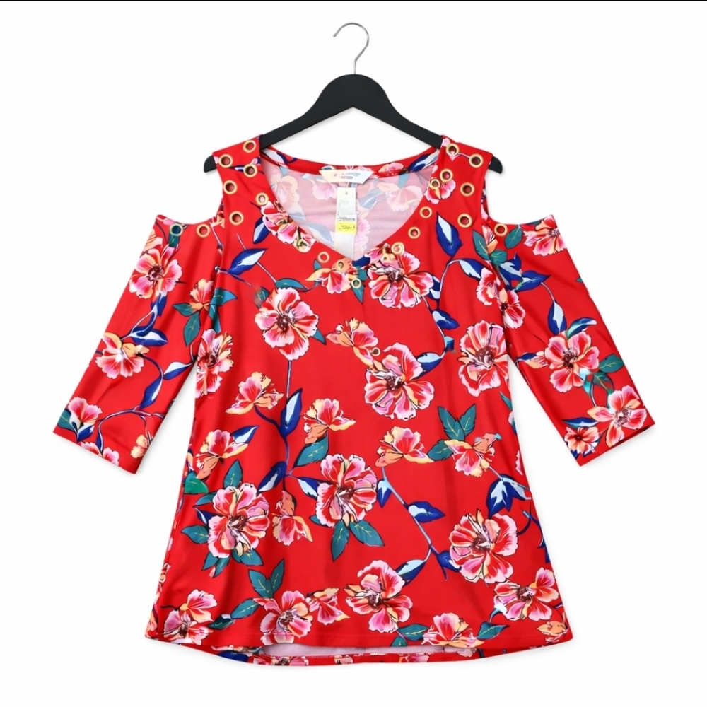 NWT Allison Taylor Red Floral Cold Shoulder Spandex Blend Pullover Top Sz Lg